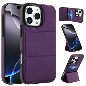 Fundas de cuero morado para teléfono iPhone con tarjetero y soporte plegable lujo