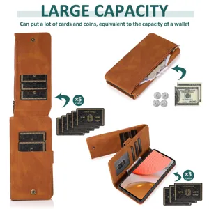 Leather wallet phone case detail showing multiple card slots, zipper coin pocket and stand.