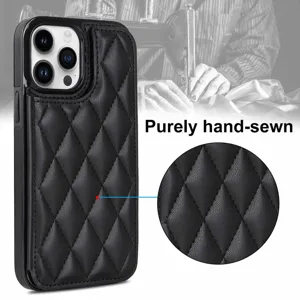 Black quilted leather phone case with card slot and classic diamond pattern design for phone.