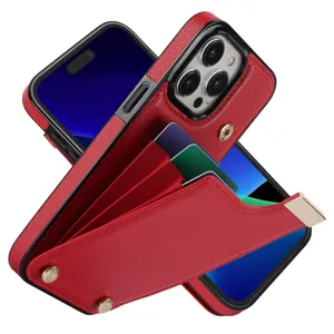 Funda de cuero rojo tipo cartera con ranuras para tarjetas y broche para iPhone 16 Pro Max.