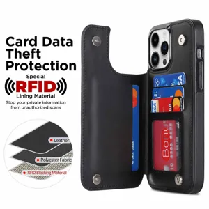 Black leather wallet phone case with card slots, magnetic closure and RFID blocking.