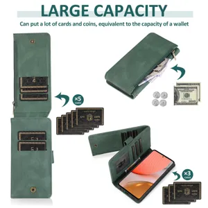 Multifunctional flip leather phone case with card slots and zipper wallet for Samsung.