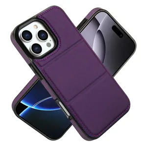 Funda de teléfono de cuero morado con tarjetero y soporte, cubierta protectora iPhone.
