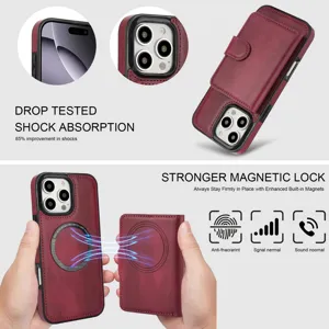 Magnetische lederen portemonnee telefoonhoesje voor iPhone, afneembare kaarthouder, schokbestendig.