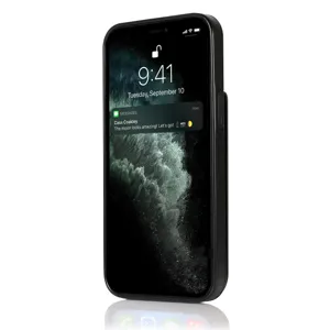 Zwarte lederen flip telefoonhoesje met kaartsleuf compatibel met Apple iPhone hoes.