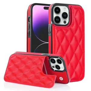 Red quilted leather phone case with card holder pocket, stylish protective cover for iPhone models.