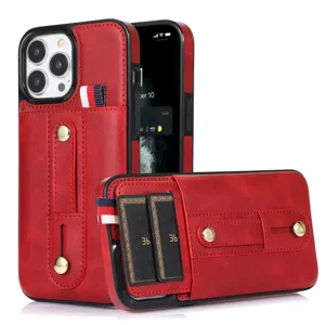 Κόκκινη δερμάτινη θήκη iPhone με θήκη καρτών και πρακτική μεταλλική βάση δαχτυλιδιού.