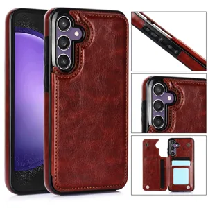 Elegante funda tipo cartera de cuero marrón con ranuras para tarjetas y recortes.