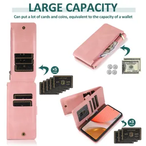 Pink leather flip phone case with large capacity card slots and coin pocket for daily use.
