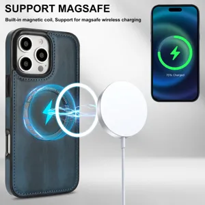 Coque de protection en cuir à charge sans fil magnétique de couleur unie, antichute.