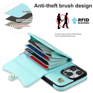 Γαλάζια δερμάτινη θήκη κινητού RFID blocking με θήκες καρτών και λουράκι λαιμού.