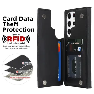 Fundas de móvil tipo cartera de piel PU negra con tarjeteros anti-RFID y botones magnéticos.
