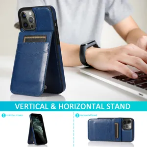 Blauwe lederen telefoonhoesje met kaartsleuf en dubbele hoekstandaard voor gebruik.