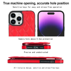 Red quilted leather phone case with card holder for iPhone 16 Pro Max with camera protection.