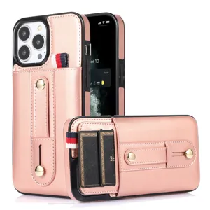 Δερμάτινη θήκη iPhone σε ροζ χρυσό με θήκη καρτών και βάση δαχτυλιδιού, προστατευτικό κάλυμμα.