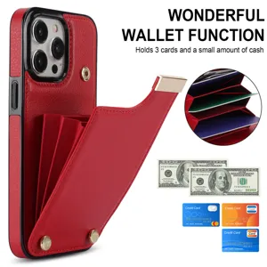 Detalle de funda de teléfono de cuero rojo con tarjetero tipo acordeón y broche de metal.