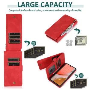 Red leather phone wallet case with card slots and zipper pocket for multi-function use