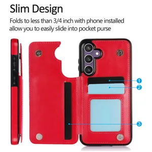 Funda tipo libro de cuero delgado con múltiples ranuras para tarjetas y diseño plegable.