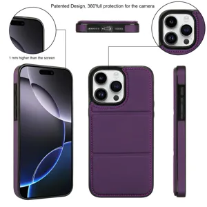 Funda de cuero morada para iPhone 16 Pro Max con ranura para tarjetas y soporte protector.