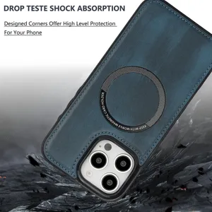 Vue détaillée de la coque magnétique avec protection caméra et texture effet cuir élégant.
