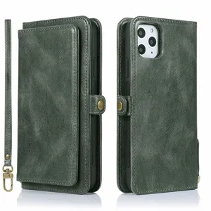 Elegante custodia per cellulare in pelle multifunzionale verde scuro con pratica dragonne.