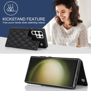 Funda de cuero acolchado negro para teléfono con soporte y tarjetero para Samsung S25.