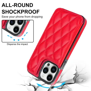 Red Quilted Leather Phone Case for iPhone with Card Holder and Full Camera Protection