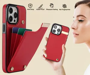 Funda de cuero elegante tipo cartera con tarjetero y broche metálico para iPhone.