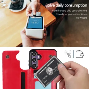 Funda de teléfono de cuero rojo multifuncional con ranuras para tarjetas, elegante y práctica.