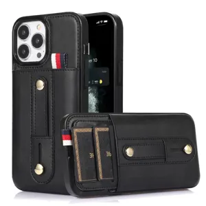 Maύρη δερμάτινη θήκη τηλεφώνου για iPhone με θήκη καρτών και ρυθμιζόμενο λουράκι.