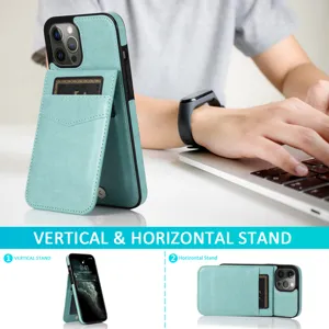 Mintgroene lederen iPhone hoesje met kaarthouder en verticale horizontale standfunctie.