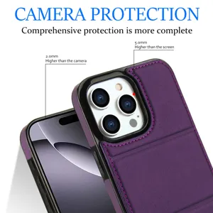 Funda de teléfono de cuero violeta para iPhone con tarjetero y protección de cámara.