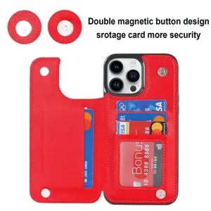 Red leather wallet phone case with card slots and double magnetic buttons for iPhone