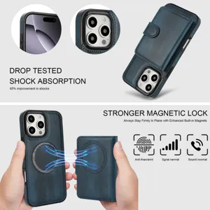 Afneembare magnetische portemonnee lederen telefoonhoes met sterke MagSafe en valbeveiliging.