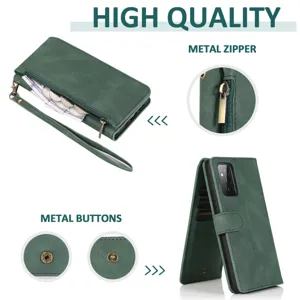 Green leather flip wallet phone case with card slots, zipper pocket and hand strap.