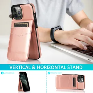 Gedetailleerd overzicht van de roségouden lederen telefoonhoes met kaartvakken en standaard.