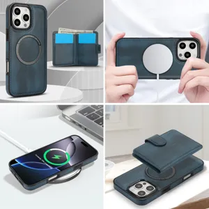 Blauwe lederen magnetische telefoonhoesje met afneembare portemonnee en draadloos opladen.