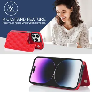 Detailed view of red quilted leather phone case with convenient card holder and kickstand.