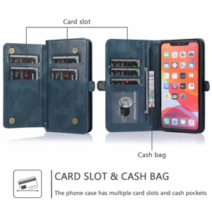 Custodia a portafoglio in pelle blu con molteplici tasche per carte e contanti per uso quotidiano.