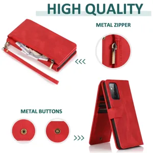 Red leather flip phone case detail view, metal zipper pocket, card slots and metal buttons