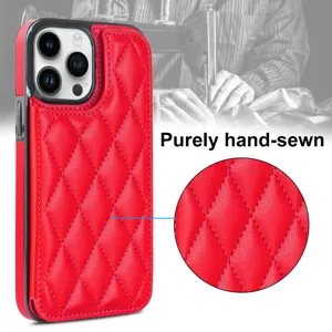 Red quilted leather phone case with card slot and exquisite hand-sewn stitching details.