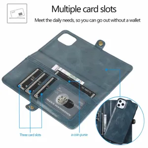 Custodia a portafoglio multifunzionale in pelle con porta carte e cover magnetica rimovibile.