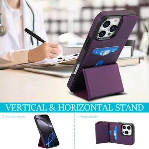 Fundas de piel PU morada con soporte y tarjetero para iPhone, elegante diseño multifuncional.