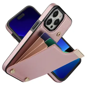 Detalle de funda de iPhone de cuero rosa, tarjetero de acordeón y broche de presión.