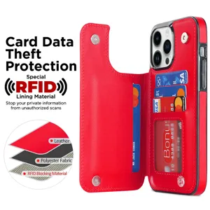 Red leather wallet phone case with card slots, RFID blocking protection and magnetic snap.