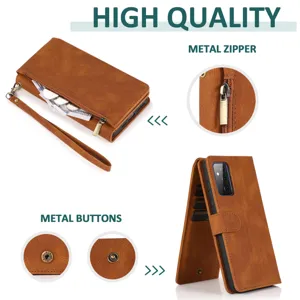 Detail view of brown leather phone case with metal zipper, card slots and buttons.