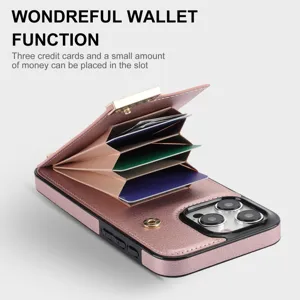 Vista detallada de funda de teléfono de cuero con bolsillo de acordeón y cierre metálico.