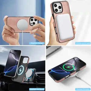 Coque de téléphone en cuir magnétique rose pour iPhone, compatible charge sans fil et support.