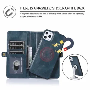 Custodia a portafoglio in pelle multifunzionale staccabile per iPhone con cover magnetica.