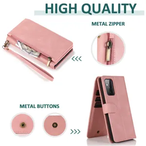 Pink flip leather phone case with multiple card slots, zipper wallet and hand strap for Samsung.